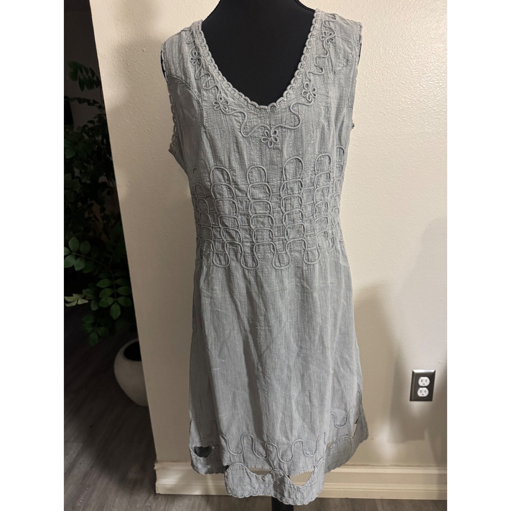 Cotton Natural Blue Grey Embroidered Smocked Sleeveless Midi Dress Boho M